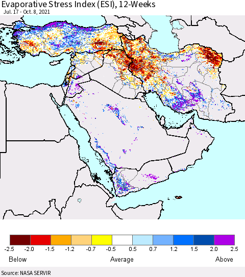 Middle East and Turkey Evaporative Stress Index (ESI), 12-Weeks Thematic Map For 10/4/2021 - 10/10/2021