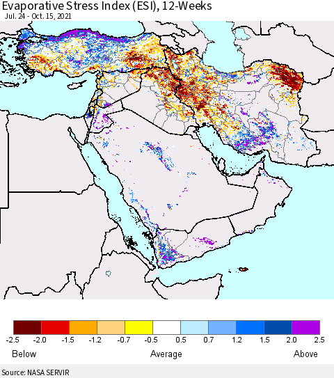 Middle East and Turkey Evaporative Stress Index (ESI), 12-Weeks Thematic Map For 10/11/2021 - 10/17/2021