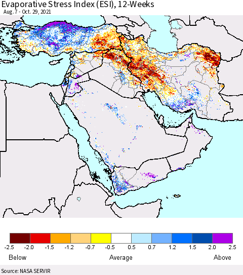Middle East and Turkey Evaporative Stress Index (ESI), 12-Weeks Thematic Map For 10/25/2021 - 10/31/2021