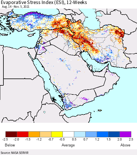Middle East and Turkey Evaporative Stress Index (ESI), 12-Weeks Thematic Map For 11/1/2021 - 11/7/2021