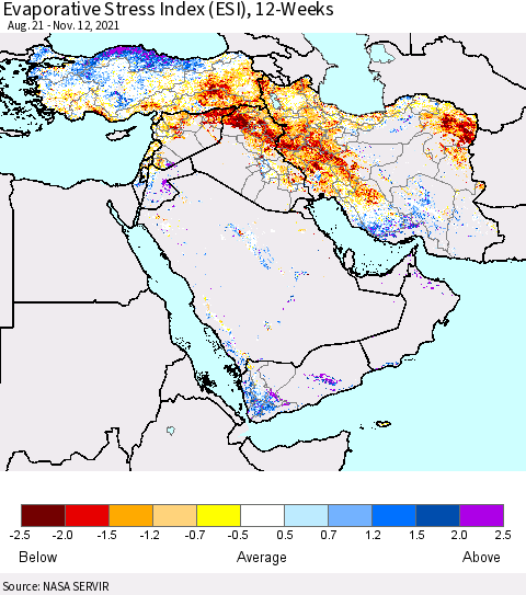 Middle East and Turkey Evaporative Stress Index (ESI), 12-Weeks Thematic Map For 11/8/2021 - 11/14/2021