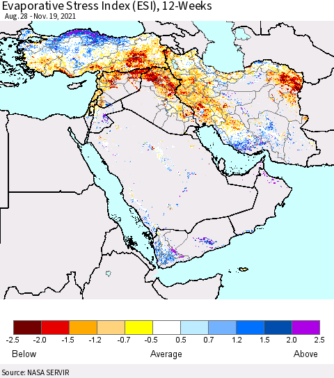 Middle East and Turkey Evaporative Stress Index (ESI), 12-Weeks Thematic Map For 11/15/2021 - 11/21/2021