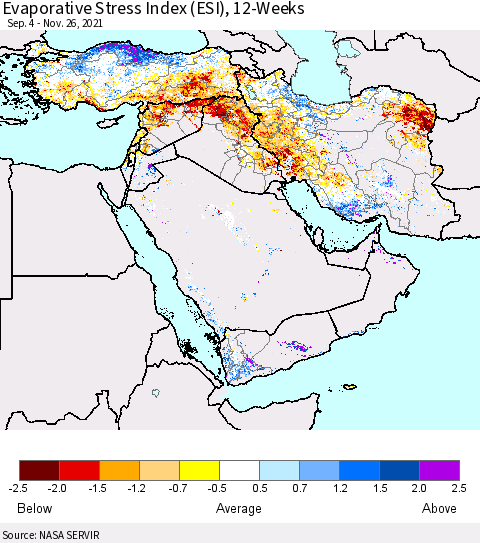 Middle East and Turkey Evaporative Stress Index (ESI), 12-Weeks Thematic Map For 11/22/2021 - 11/28/2021