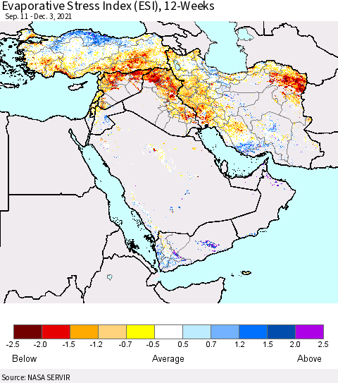 Middle East and Turkey Evaporative Stress Index (ESI), 12-Weeks Thematic Map For 11/29/2021 - 12/5/2021