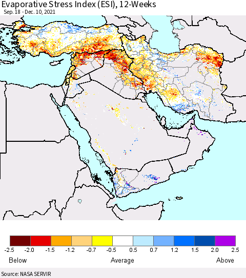 Middle East and Turkey Evaporative Stress Index (ESI), 12-Weeks Thematic Map For 12/6/2021 - 12/12/2021