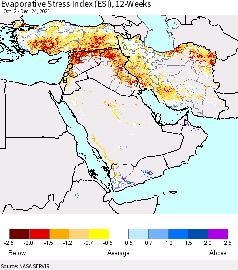 Middle East and Turkey Evaporative Stress Index (ESI), 12-Weeks Thematic Map For 12/20/2021 - 12/26/2021