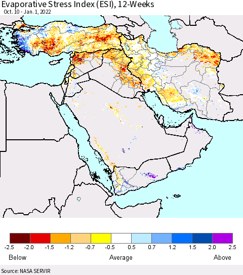 Middle East and Turkey Evaporative Stress Index (ESI), 12-Weeks Thematic Map For 12/27/2021 - 1/2/2022