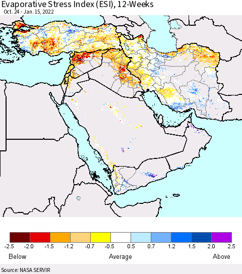 Middle East and Turkey Evaporative Stress Index (ESI), 12-Weeks Thematic Map For 1/10/2022 - 1/16/2022