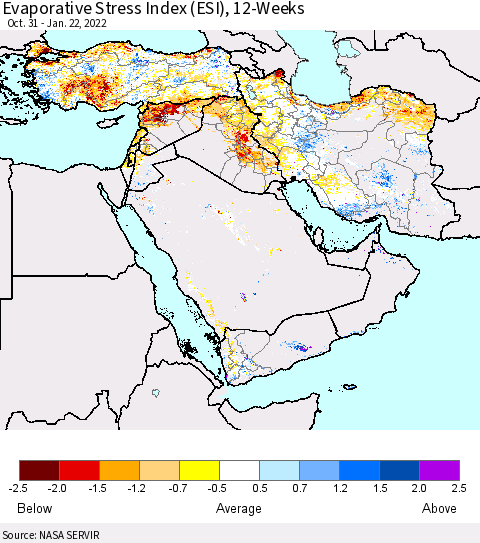 Middle East and Turkey Evaporative Stress Index (ESI), 12-Weeks Thematic Map For 1/17/2022 - 1/23/2022