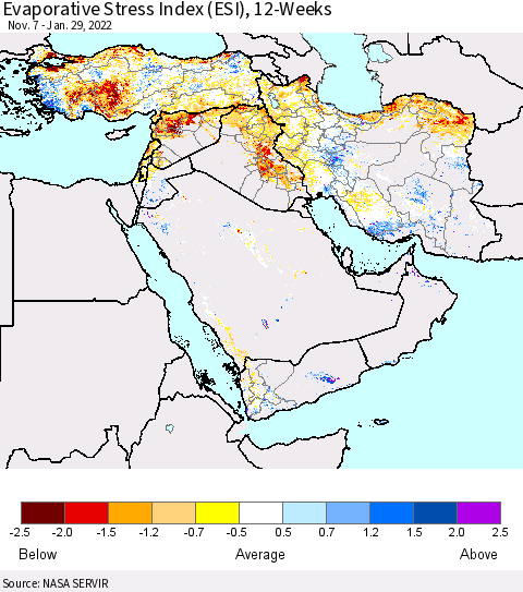 Middle East and Turkey Evaporative Stress Index (ESI), 12-Weeks Thematic Map For 1/24/2022 - 1/30/2022