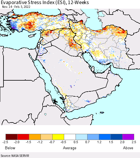 Middle East and Turkey Evaporative Stress Index (ESI), 12-Weeks Thematic Map For 1/31/2022 - 2/6/2022