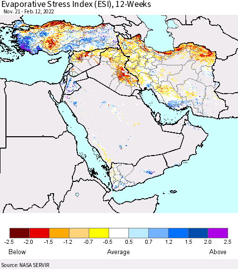 Middle East and Turkey Evaporative Stress Index (ESI), 12-Weeks Thematic Map For 2/7/2022 - 2/13/2022