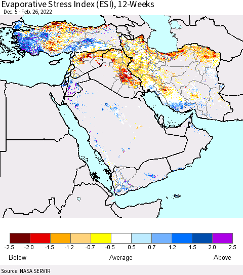 Middle East and Turkey Evaporative Stress Index (ESI), 12-Weeks Thematic Map For 2/21/2022 - 2/27/2022