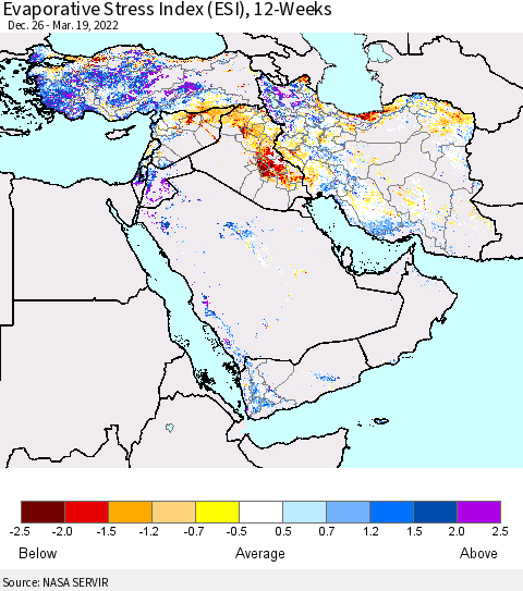 Middle East and Turkey Evaporative Stress Index (ESI), 12-Weeks Thematic Map For 3/14/2022 - 3/20/2022