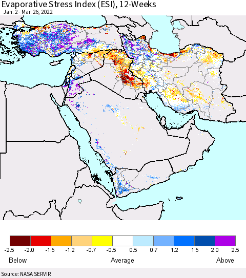 Middle East and Turkey Evaporative Stress Index (ESI), 12-Weeks Thematic Map For 3/21/2022 - 3/27/2022