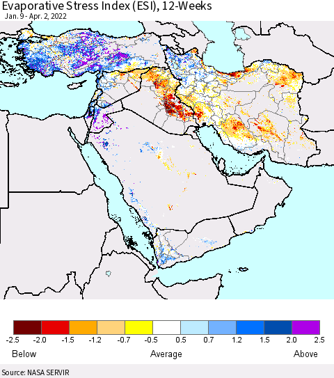 Middle East and Turkey Evaporative Stress Index (ESI), 12-Weeks Thematic Map For 3/28/2022 - 4/3/2022