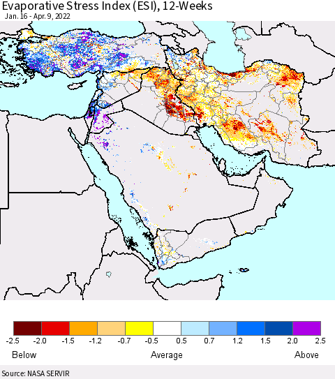 Middle East and Turkey Evaporative Stress Index (ESI), 12-Weeks Thematic Map For 4/4/2022 - 4/10/2022