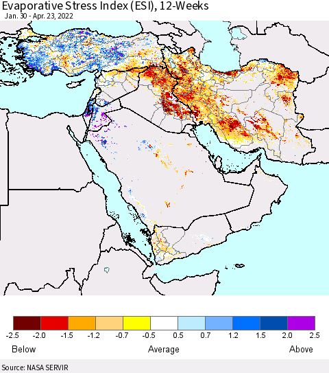 Middle East and Turkey Evaporative Stress Index (ESI), 12-Weeks Thematic Map For 4/18/2022 - 4/24/2022