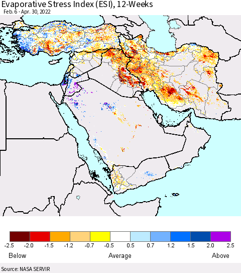 Middle East and Turkey Evaporative Stress Index (ESI), 12-Weeks Thematic Map For 4/25/2022 - 5/1/2022