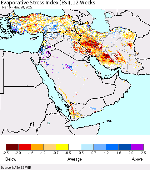 Middle East and Turkey Evaporative Stress Index (ESI), 12-Weeks Thematic Map For 5/23/2022 - 5/29/2022