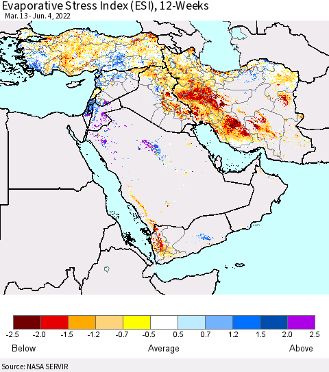 Middle East and Turkey Evaporative Stress Index (ESI), 12-Weeks Thematic Map For 5/30/2022 - 6/5/2022