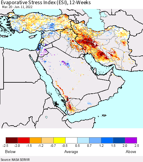 Middle East and Turkey Evaporative Stress Index (ESI), 12-Weeks Thematic Map For 6/6/2022 - 6/12/2022