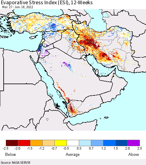 Middle East and Turkey Evaporative Stress Index (ESI), 12-Weeks Thematic Map For 6/13/2022 - 6/19/2022
