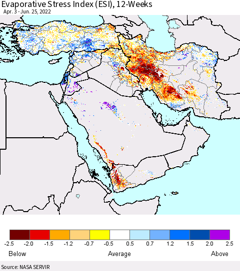 Middle East and Turkey Evaporative Stress Index (ESI), 12-Weeks Thematic Map For 6/20/2022 - 6/26/2022