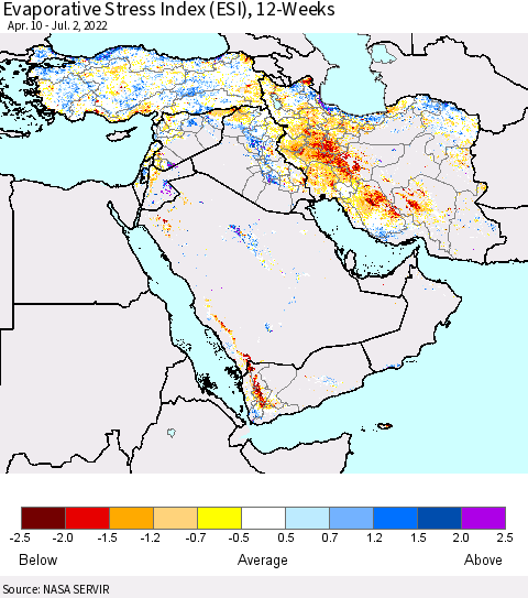 Middle East and Turkey Evaporative Stress Index (ESI), 12-Weeks Thematic Map For 6/27/2022 - 7/3/2022