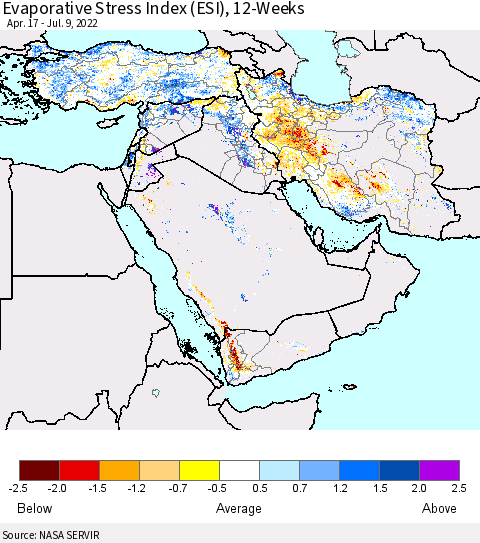 Middle East and Turkey Evaporative Stress Index (ESI), 12-Weeks Thematic Map For 7/4/2022 - 7/10/2022