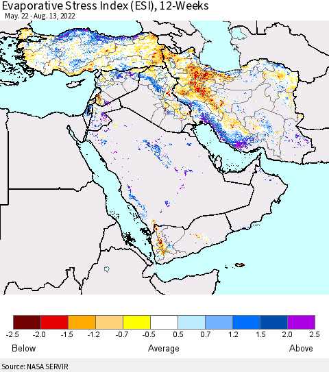 Middle East and Turkey Evaporative Stress Index (ESI), 12-Weeks Thematic Map For 8/8/2022 - 8/14/2022