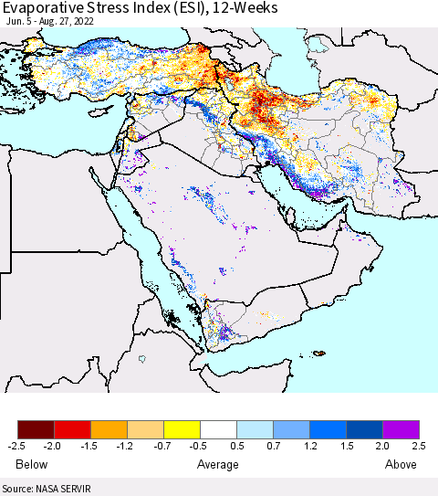 Middle East and Turkey Evaporative Stress Index (ESI), 12-Weeks Thematic Map For 8/22/2022 - 8/28/2022
