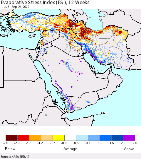Middle East and Turkey Evaporative Stress Index (ESI), 12-Weeks Thematic Map For 9/19/2022 - 9/25/2022