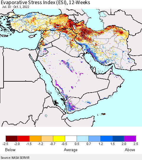 Middle East and Turkey Evaporative Stress Index (ESI), 12-Weeks Thematic Map For 9/26/2022 - 10/2/2022
