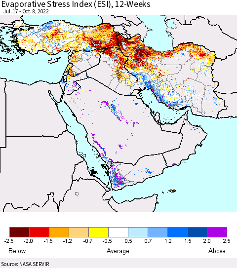 Middle East and Turkey Evaporative Stress Index (ESI), 12-Weeks Thematic Map For 10/3/2022 - 10/9/2022