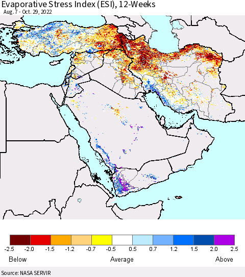 Middle East and Turkey Evaporative Stress Index (ESI), 12-Weeks Thematic Map For 10/24/2022 - 10/30/2022