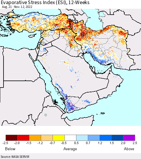 Middle East and Turkey Evaporative Stress Index (ESI), 12-Weeks Thematic Map For 11/7/2022 - 11/13/2022