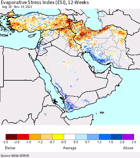 Middle East and Turkey Evaporative Stress Index (ESI), 12-Weeks Thematic Map For 11/14/2022 - 11/20/2022