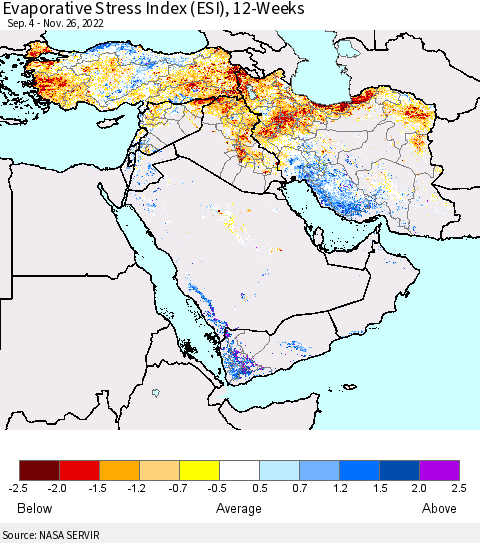 Middle East and Turkey Evaporative Stress Index (ESI), 12-Weeks Thematic Map For 11/21/2022 - 11/27/2022