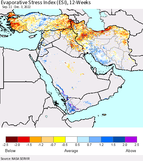 Middle East and Turkey Evaporative Stress Index (ESI), 12-Weeks Thematic Map For 11/28/2022 - 12/4/2022
