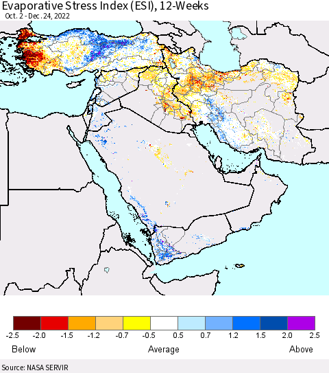 Middle East and Turkey Evaporative Stress Index (ESI), 12-Weeks Thematic Map For 12/19/2022 - 12/25/2022