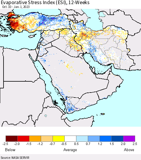 Middle East and Turkey Evaporative Stress Index (ESI), 12-Weeks Thematic Map For 12/26/2022 - 1/1/2023