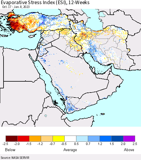 Middle East and Turkey Evaporative Stress Index (ESI), 12-Weeks Thematic Map For 1/2/2023 - 1/8/2023