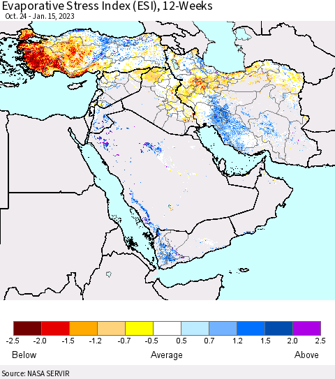 Middle East and Turkey Evaporative Stress Index (ESI), 12-Weeks Thematic Map For 1/9/2023 - 1/15/2023