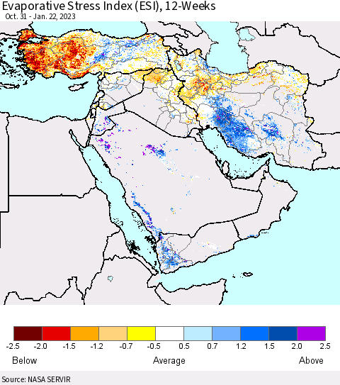 Middle East and Turkey Evaporative Stress Index (ESI), 12-Weeks Thematic Map For 1/16/2023 - 1/22/2023