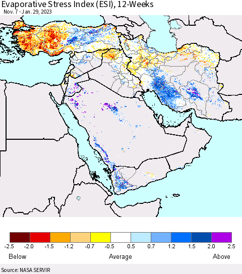 Middle East and Turkey Evaporative Stress Index (ESI), 12-Weeks Thematic Map For 1/23/2023 - 1/29/2023