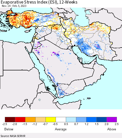 Middle East and Turkey Evaporative Stress Index (ESI), 12-Weeks Thematic Map For 1/30/2023 - 2/5/2023