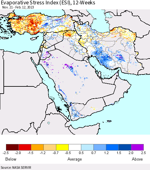 Middle East and Turkey Evaporative Stress Index (ESI), 12-Weeks Thematic Map For 2/6/2023 - 2/12/2023