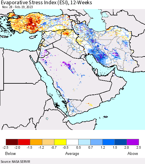 Middle East and Turkey Evaporative Stress Index (ESI), 12-Weeks Thematic Map For 2/13/2023 - 2/19/2023