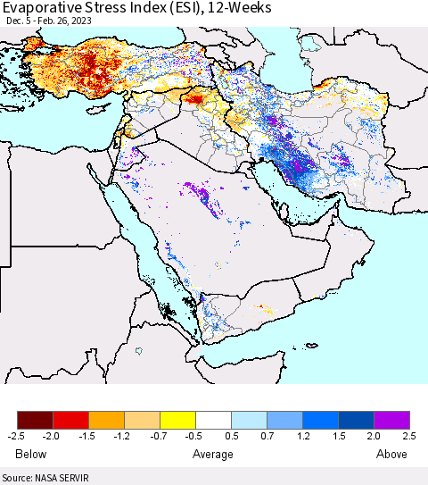 Middle East and Turkey Evaporative Stress Index (ESI), 12-Weeks Thematic Map For 2/20/2023 - 2/26/2023
